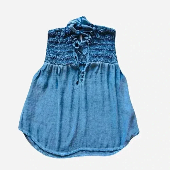 Women's Free People Ruffle Me Up Front Tie Blue Sleeveless Blouse Size XS - Picture 3 of 6